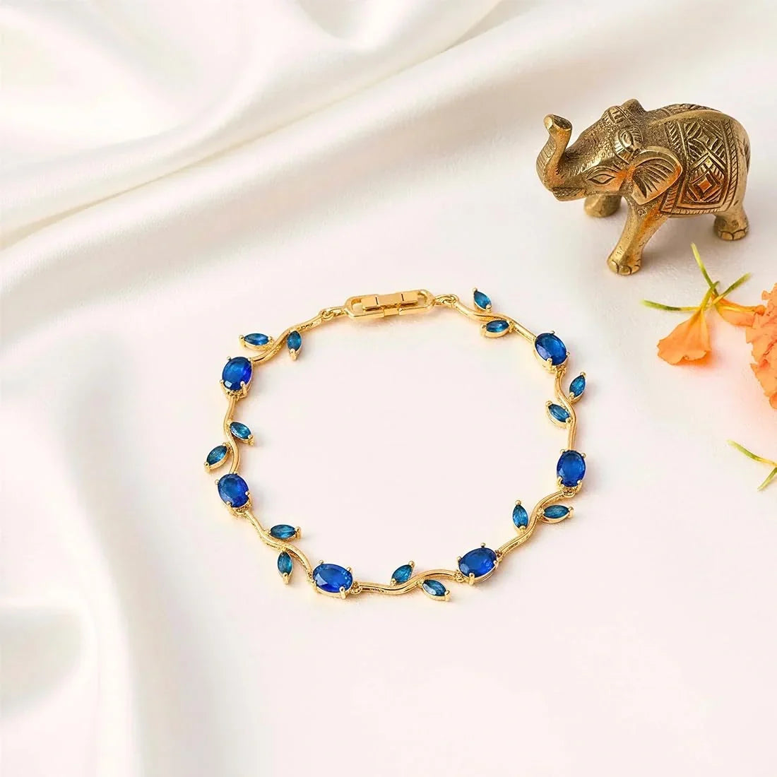 Tulip Blue Stone Vine Leaf Bracelet – Gold Plated