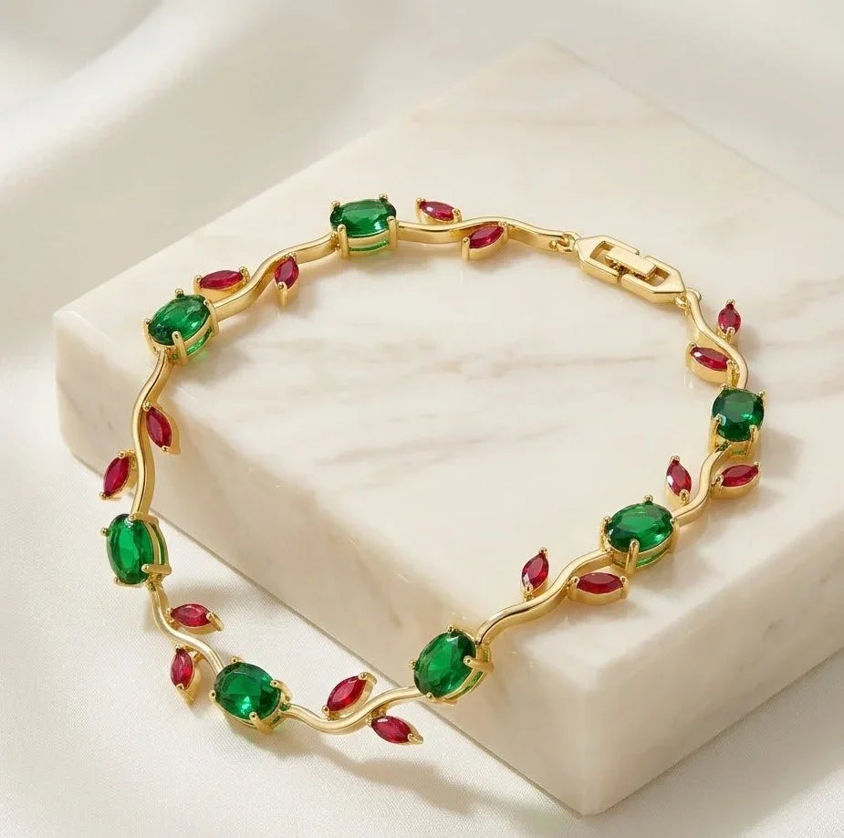 Red & Green Stone Wavy Vine Bracelet – Gold Plated