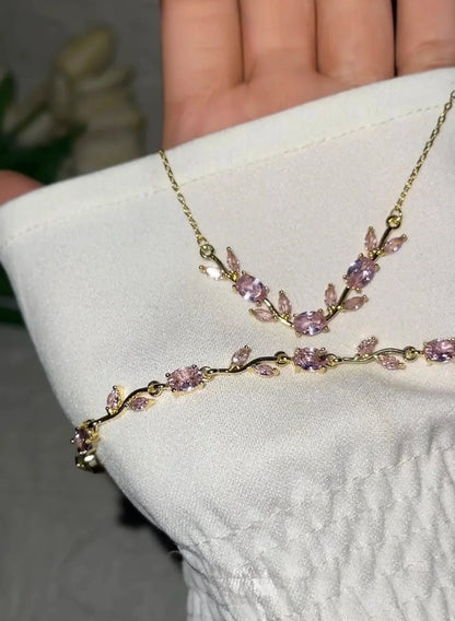 Pink Floral Vine Necklace & Bracelet Set – Gold Plated