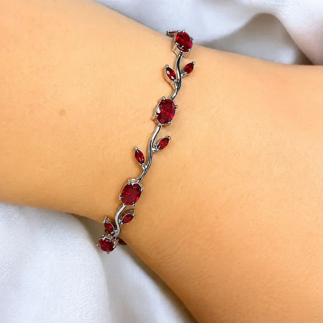 Tulip Red Stone Floral Vine Bracelet – Gold Plated