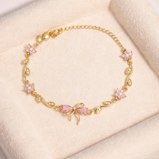 Pink Bow Charm Bracelet – 18K Gold Plated