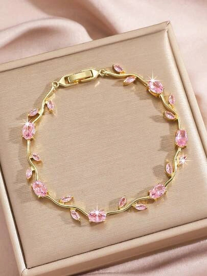 Pink Floral Vine Necklace & Bracelet Set – Gold Plated