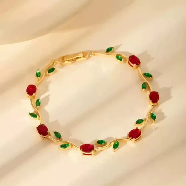 Tulip Floral Vine Red & Green Stone Bracelet