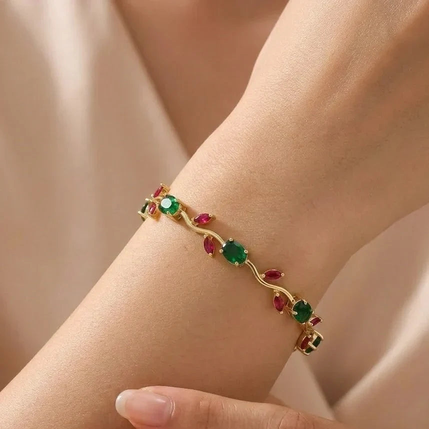 Red & Green Stone Wavy Vine Bracelet – Gold Plated