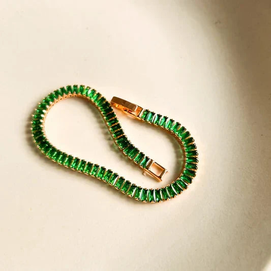 Emerald Green Baguette Tennis Bracelet – Gold Plated