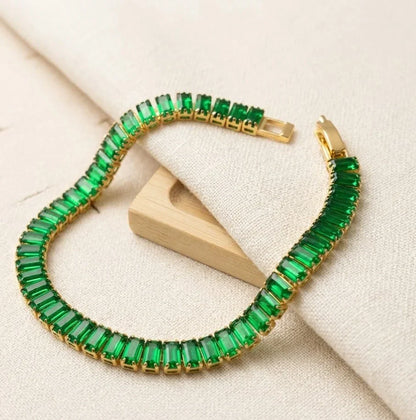 Emerald Green Baguette Tennis Bracelet – Gold Plated
