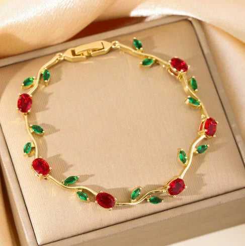 Tulip Floral Vine Red & Green Stone Bracelet