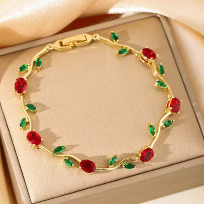 Tulip Floral Vine Red & Green Stone Bracelet