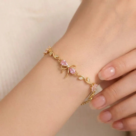 Pink Bow Charm Bracelet – 18K Gold Plated