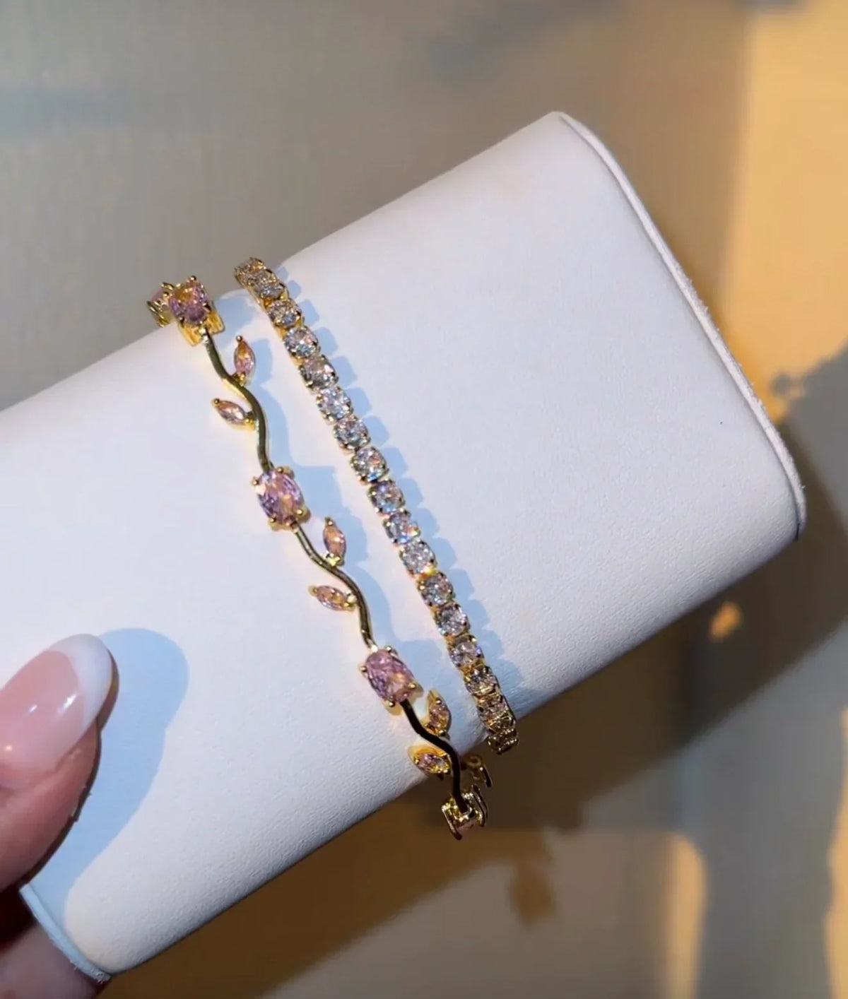 Pink Floral & Crystal Tennis Bracelet Set – 2 Pieces