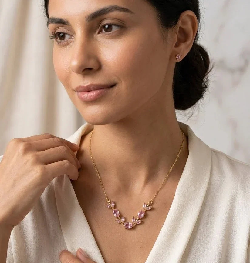Pink Floral Vine Necklace & Bracelet Set – Gold Plated