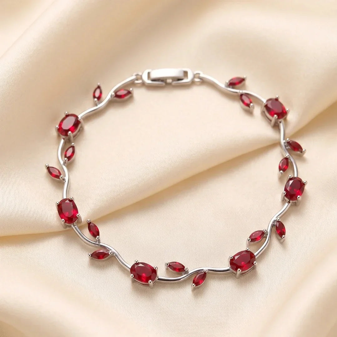 Tulip Red Stone Floral Vine Bracelet – Gold Plated