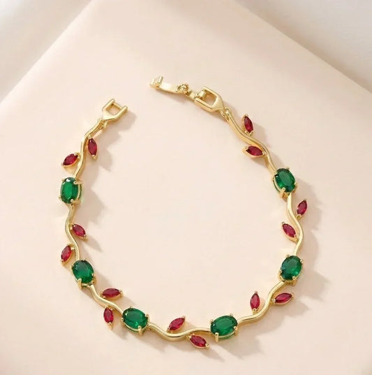 Red & Green Stone Wavy Vine Bracelet – Gold Plated