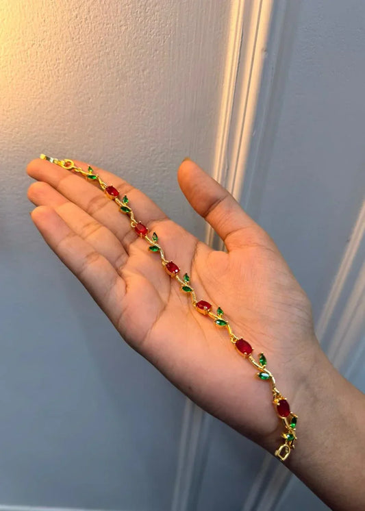 Tulip Floral Vine Red & Green Stone Bracelet