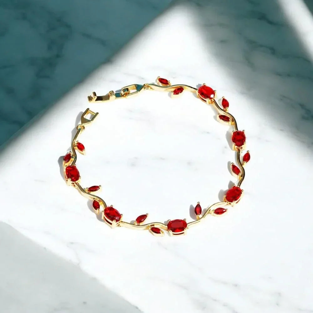 Tulip Ruby-Red Leaf Vine Bracelet – Gold Plated
