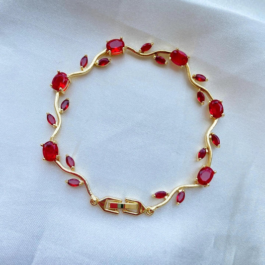 Tulip Ruby-Red Leaf Vine Bracelet – Gold Plated