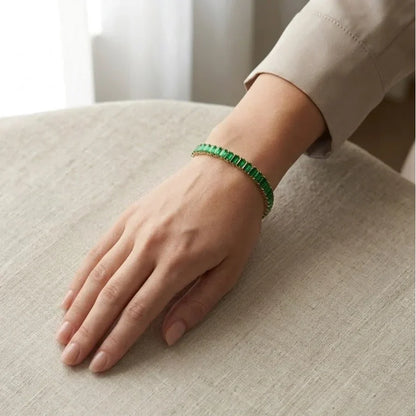 Emerald Green Baguette Tennis Bracelet – Gold Plated