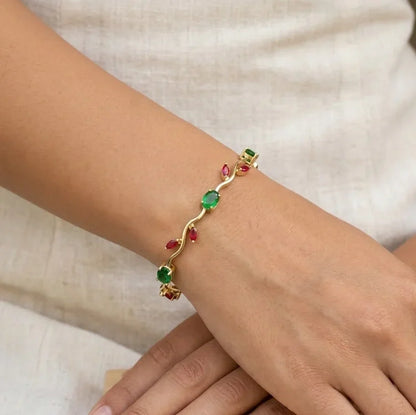 Red & Green Stone Wavy Vine Bracelet – Gold Plated