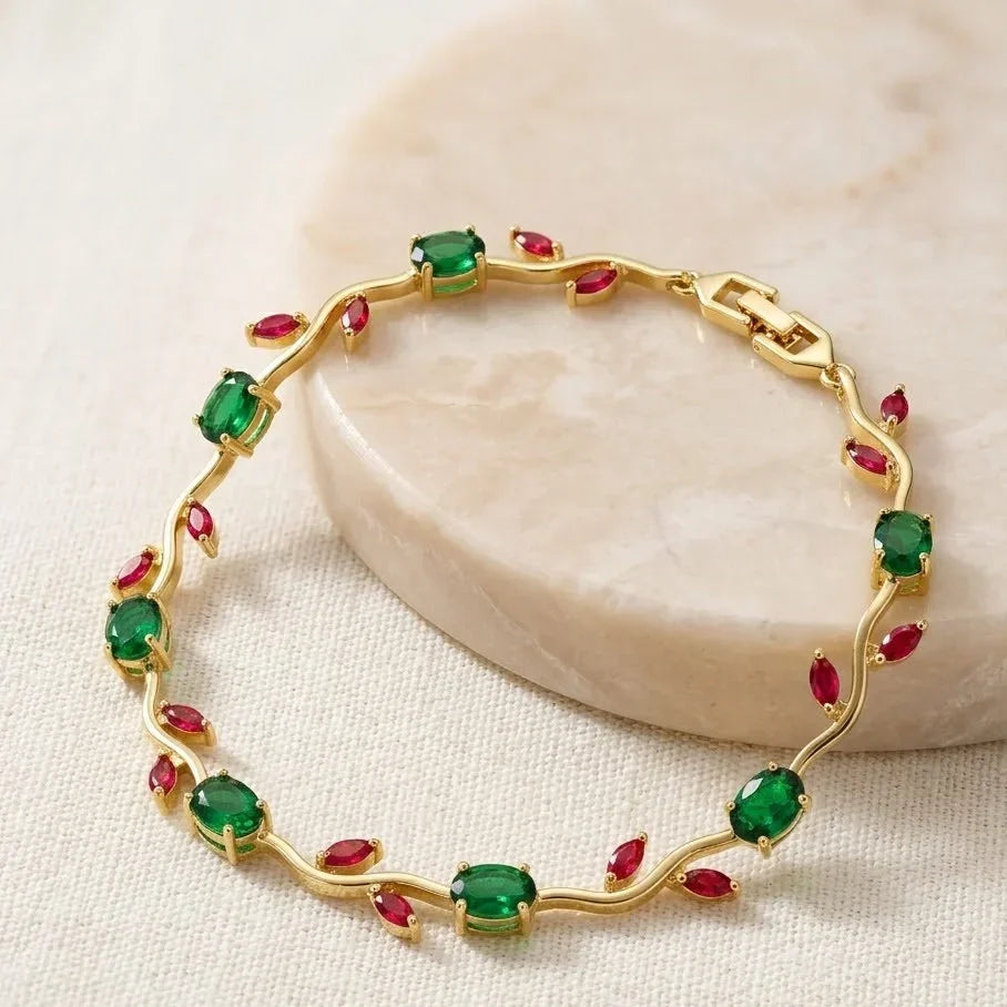 Red & Green Stone Wavy Vine Bracelet – Gold Plated