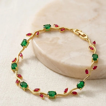 Red & Green Stone Wavy Vine Bracelet – Gold Plated