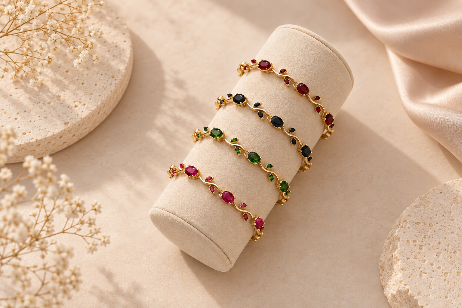 Colourful floral vine bracelets on an ivory jewellery display